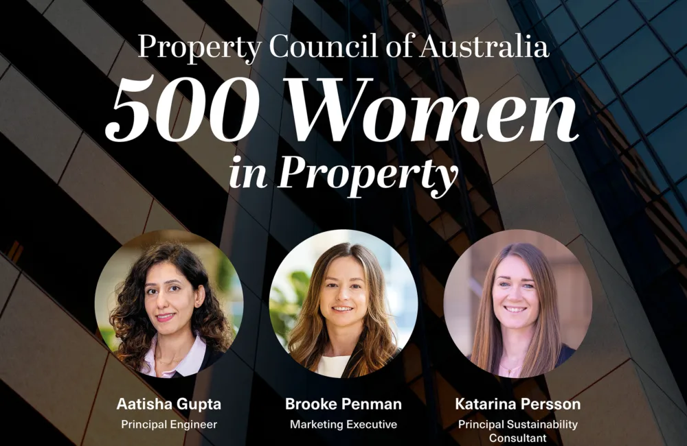 Poster with glass building facade background and text reading “Cundall” and “Property Council of Australia 500 Women in Property”, with three portrait headshots and names with job titles displayed, and Property Council logo at the bottom.