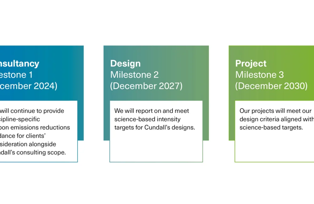 ZCD 2030 milestones refinement diagram with each millstone in a box with the gradient highlighting each