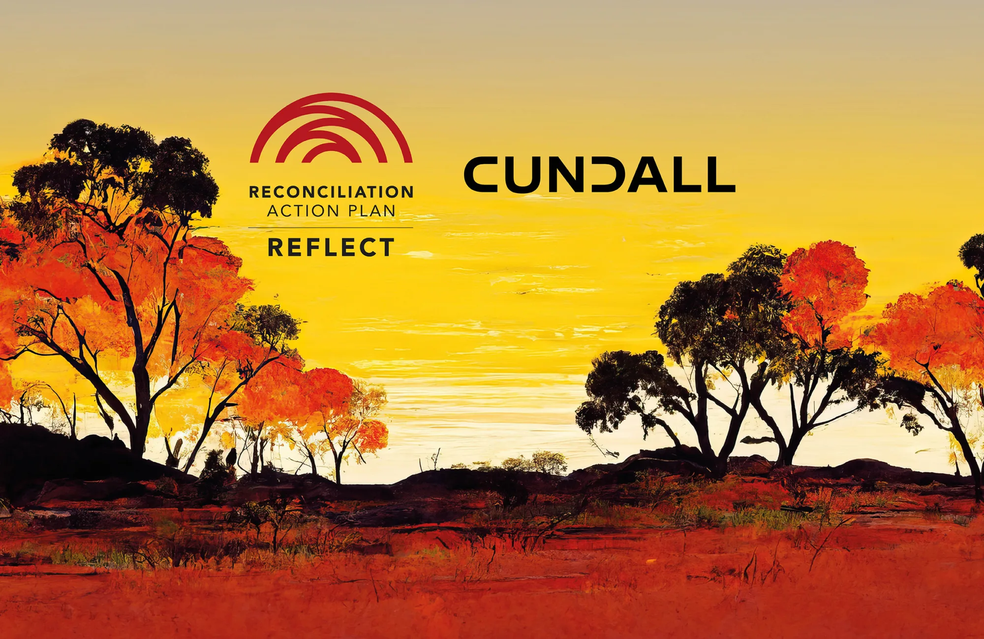 Warm orange landscape painting with a yellow sky and the Reconciliation action plan and Cundall logos