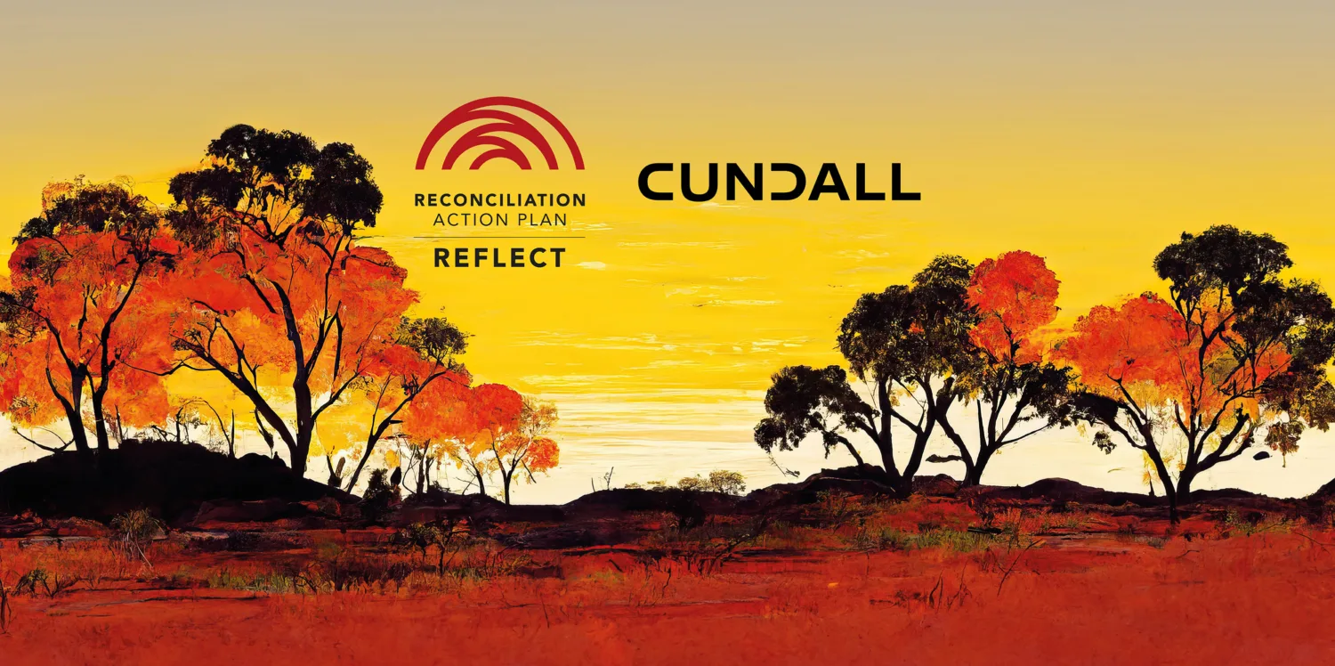Warm orange landscape painting with a yellow sky and the Reconciliation action plan and Cundall logos