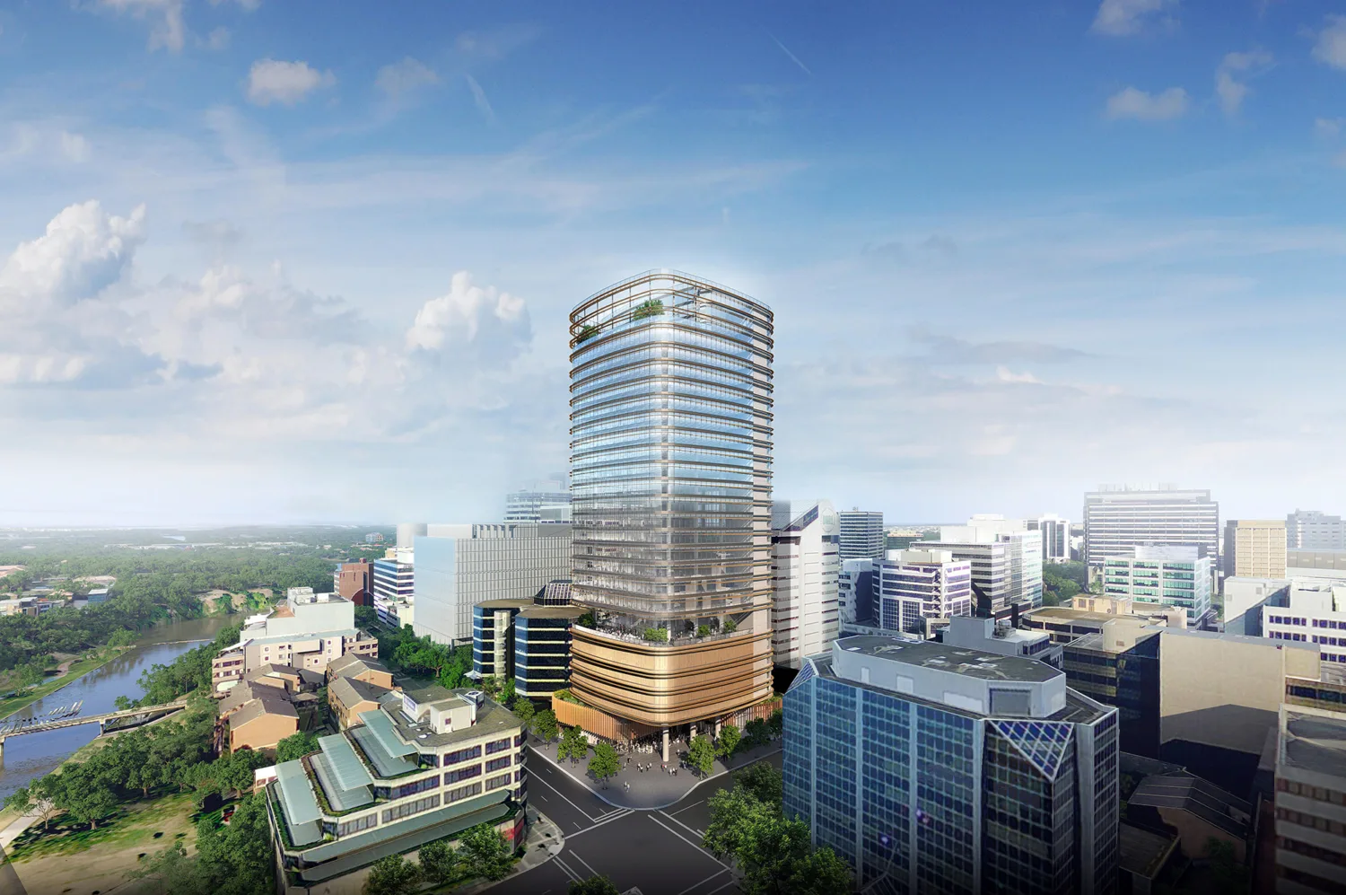 CGI of 32 Smith Street, Austalia. high rise glazed office building