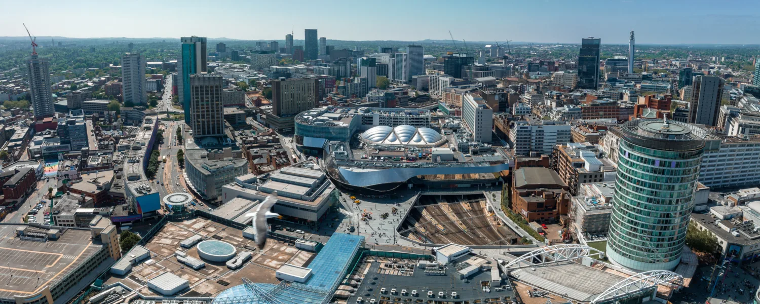 Birdseye view of Birmingham on a blue sky sunny day