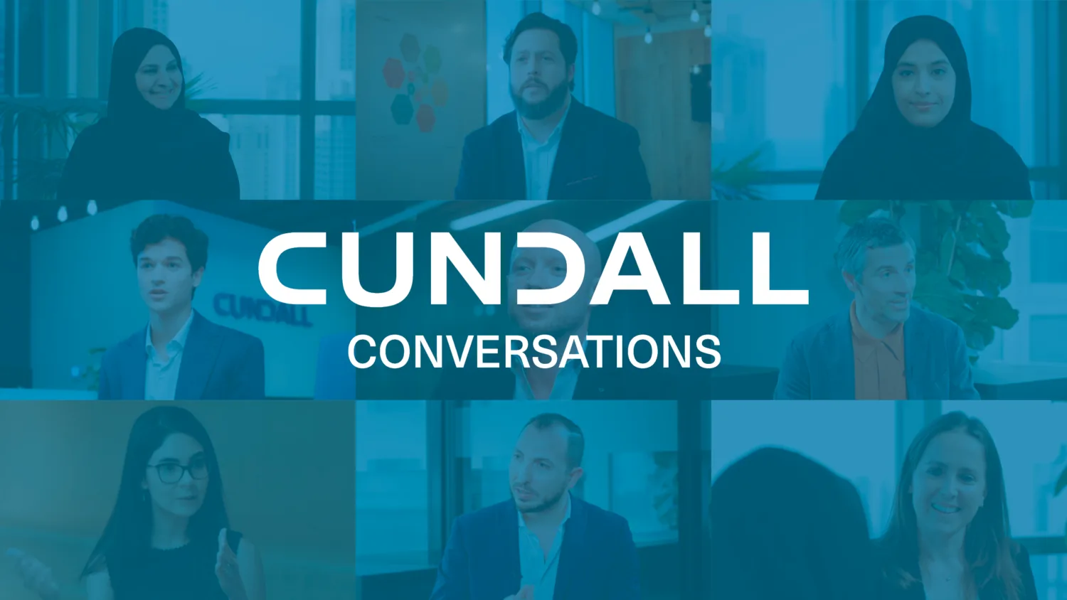 Collage of the people involved in the campaign with a blue overlay to have contrast on the Cundall Conversations text on top of it