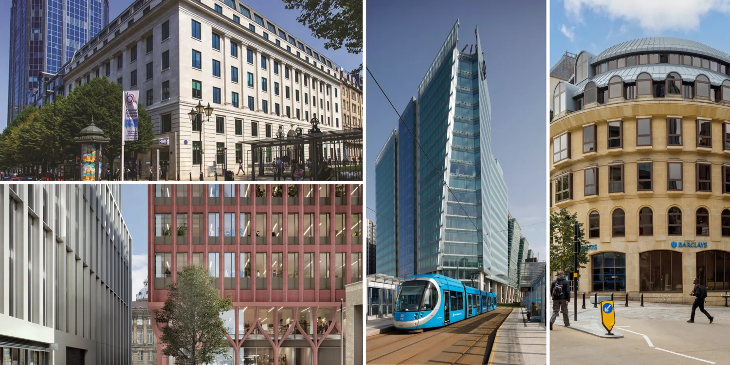 A collage showing the exteriors of 5 St Philips Place, Three Chamberlain Square, Three Snowhill and 15 Colmore Row, Cundall’s Birmingham office