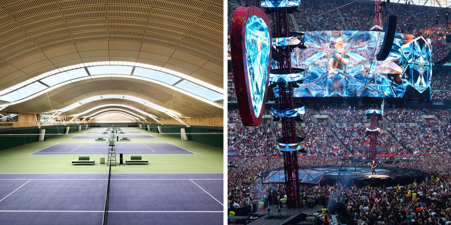 All England Tennis Club photo of internal court on left and right image is Ed Sheeran +–=÷x Tour photo at night