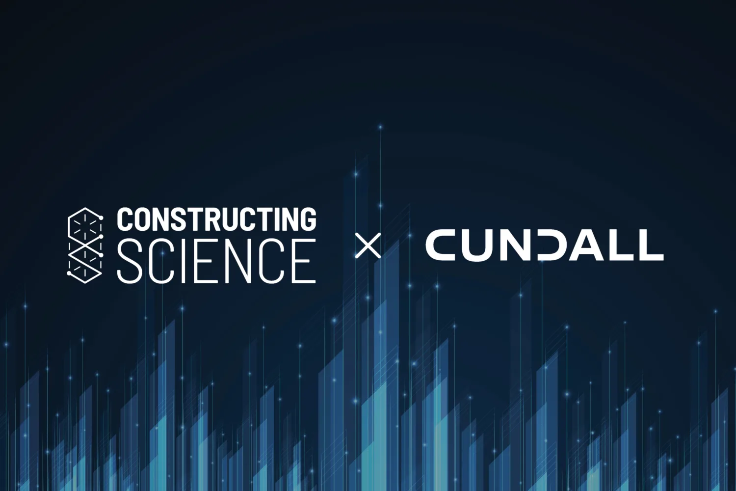 Logos of Constructing Science and Cundall over a dark blue overlay with vertical geometric shapes and lines with sunbursts.