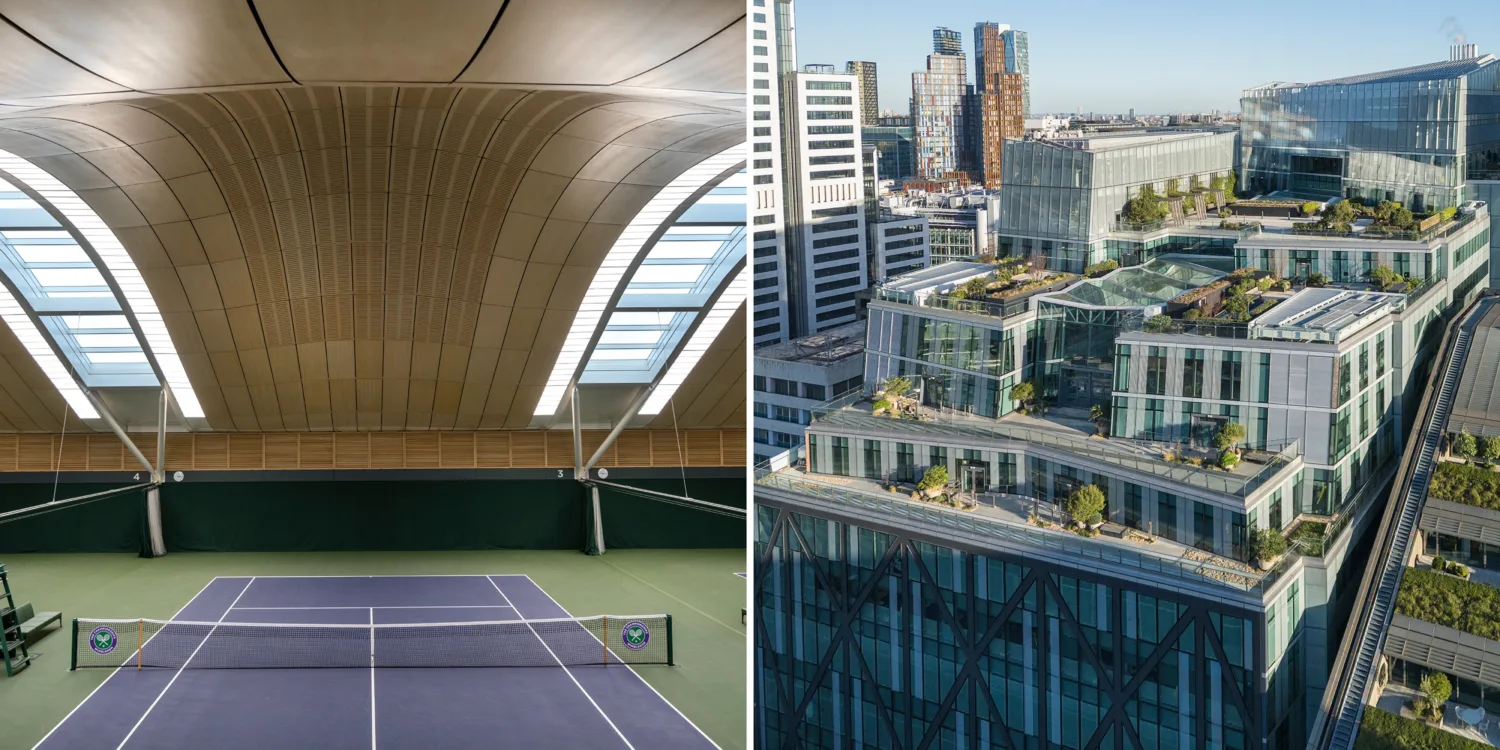 Split image: left side shows indoor tennis court with arched wooden ceiling and skylights; right side shows rooftop garden with plants and seating on urban multi-story building.