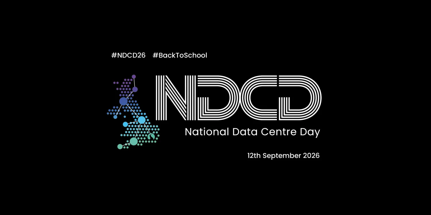 Graphic promoting National Data Centre Day. White “NDCD” logo with a connected network graphic in blue, purple and green on a black background. Text reads “#NDCD26”, “#BackToSchool”, “National Data Centre Day” and “12th September 2026”.