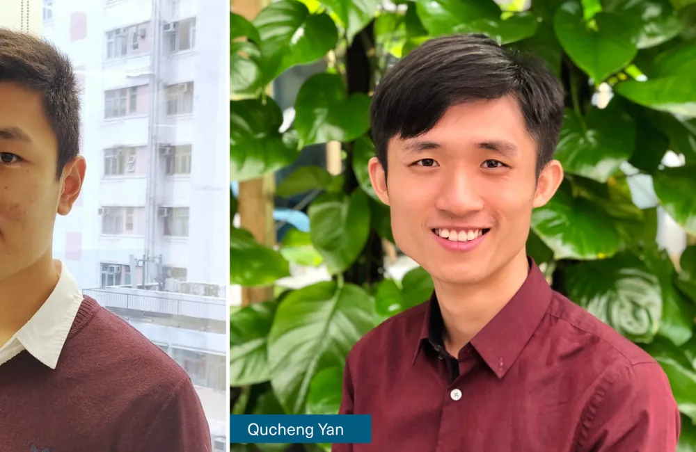 Head and sholders shot of Bernard and Qucheng, Bernard wearing burgundy jumper in front of window with high rise buildings in backgroud and Qucheng wearing burgundy jumper in front of green wall