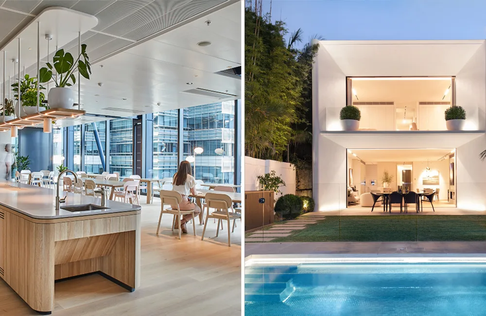 Split image of an office workplace and residential property with pool