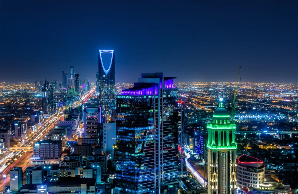 Riyadh skyline at night in Saudi Arabia