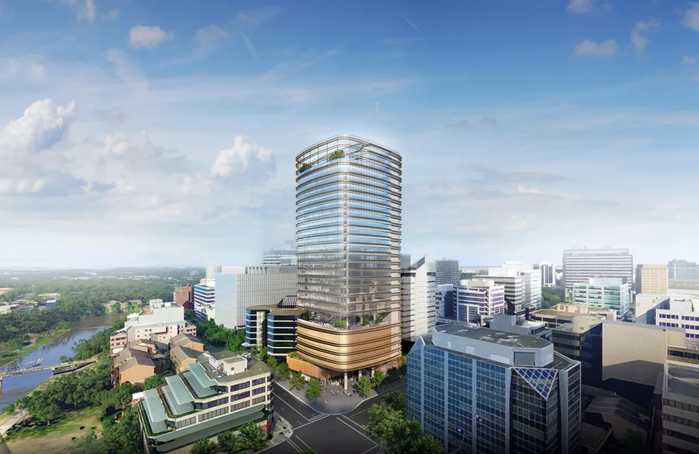 CGI of 32 Smith Street, Austalia. high rise glazed office building