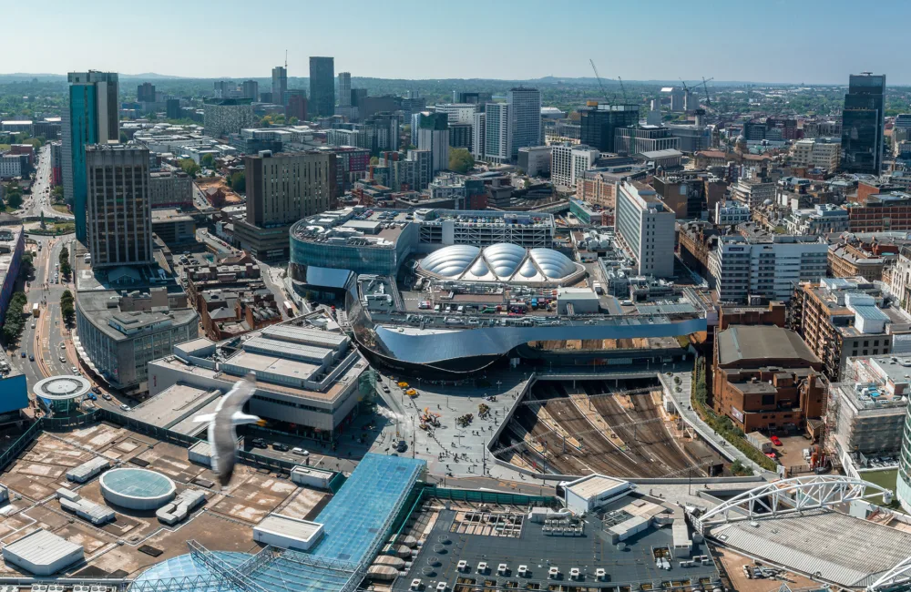 Birdseye view of Birmingham on a blue sky sunny day