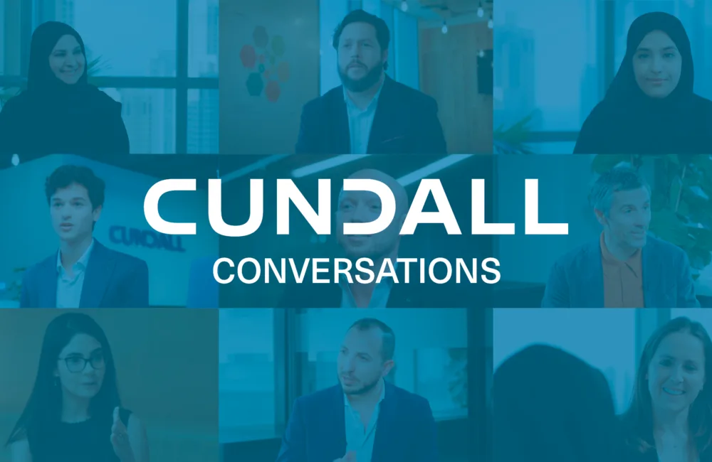 Collage of the people involved in the campaign with a blue overlay to have contrast on the  Cundall Conversations text on top of it