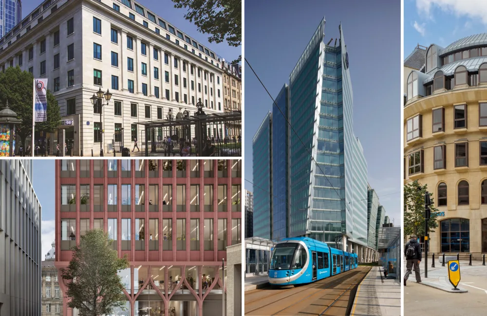 A collage showing the exteriors of 5 St Philips Place, Three Chamberlain Square, Three Snowhill and 15 Colmore Row, Cundall’s Birmingham office
