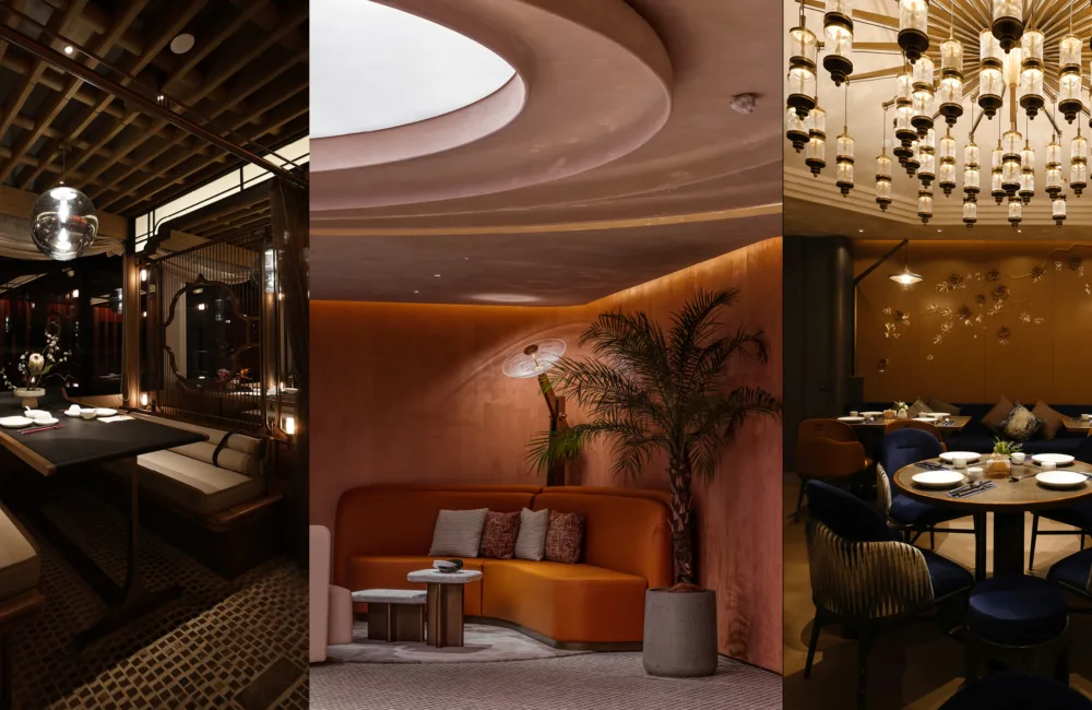 Photo collage of Azure 80 (left), GYM Town (middle) and Kitni (Right). Lighting design is showcased on each image.