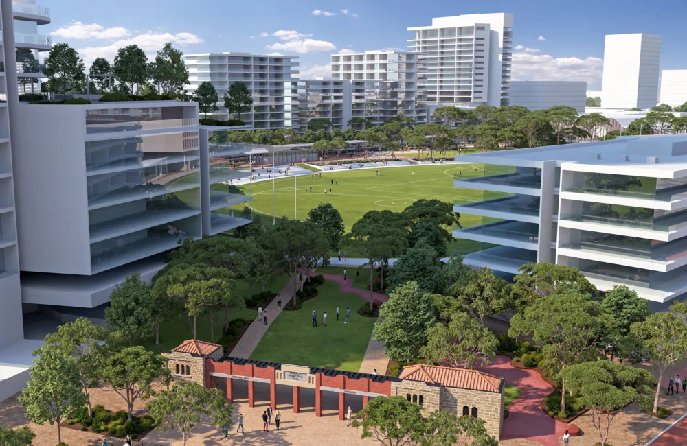 A render of the entrance to Subi East, buildings surrounding large sports field
