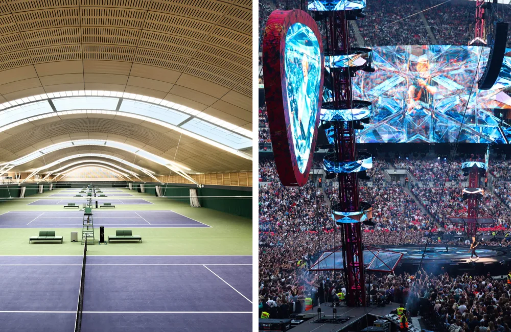 All England Tennis Club photo of internal court on left and right image is Ed Sheeran +–=÷x Tour photo at night