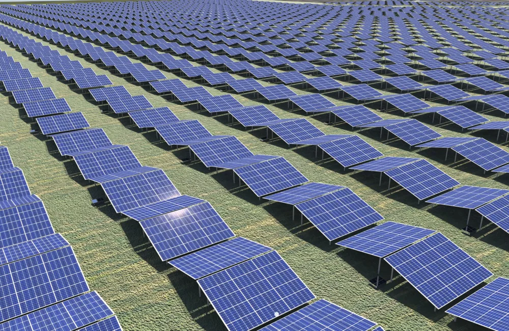 Solar panels distributed in the field.