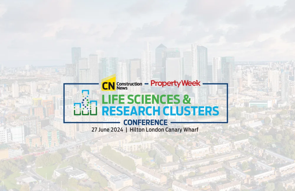 View of Docklands London with the Life Sciences logo over the top