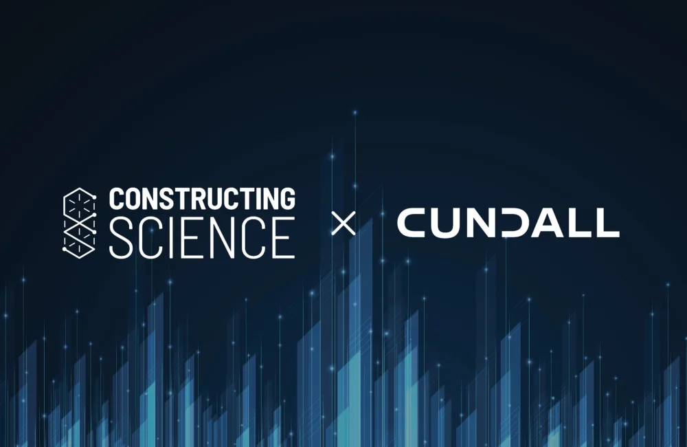 Logos of Constructing Science and Cundall over a dark blue overlay with vertical geometric shapes and lines with sunbursts.