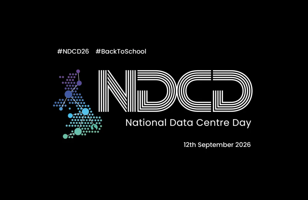 Graphic promoting National Data Centre Day. White “NDCD” logo with a connected network graphic in blue, purple and green on a black background. Text reads “#NDCD26”, “#BackToSchool”, “National Data Centre Day” and “12th September 2026”.