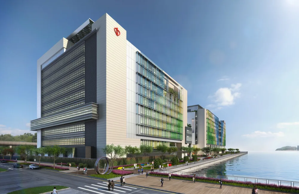 Render of the Hong Kong Children's Hospital next to the water