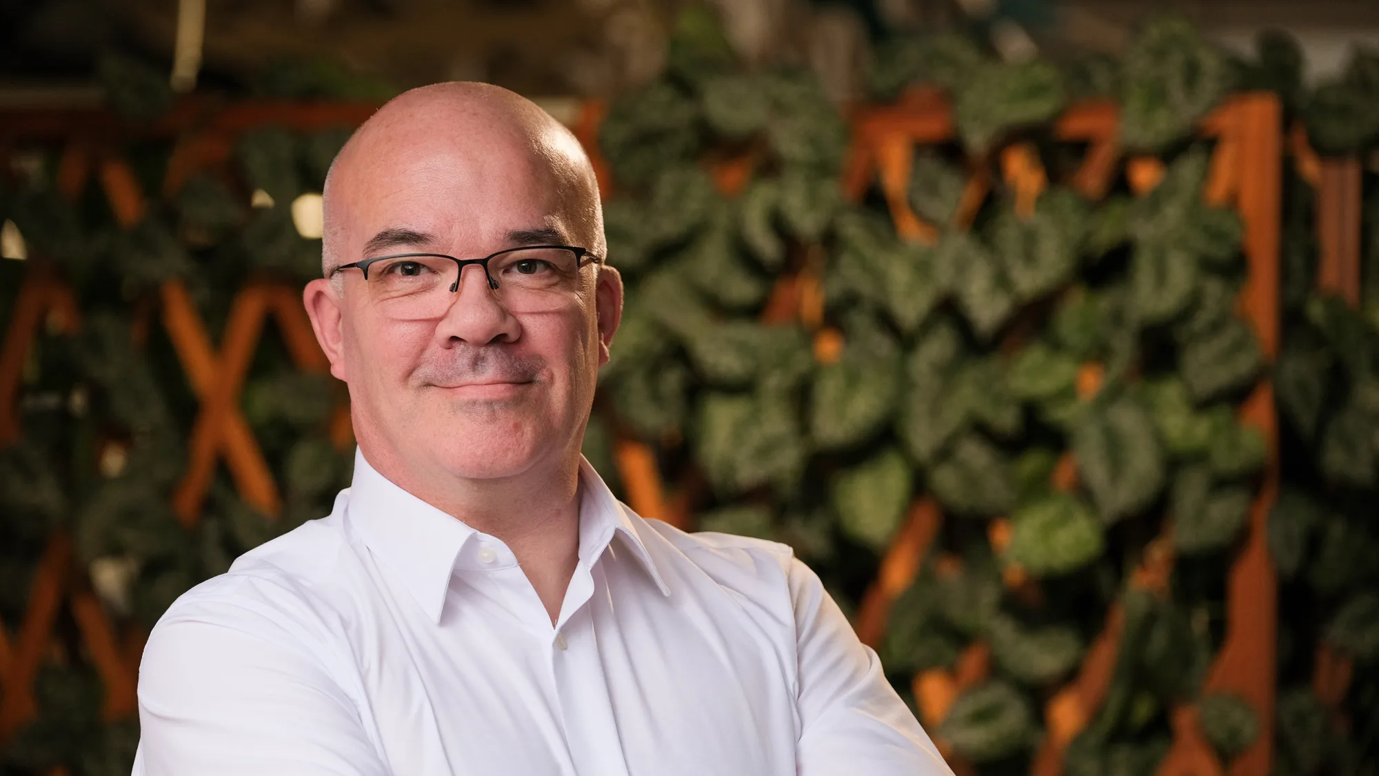 Danny Hillyard in a white shirt with glasses on and a plant terrace background