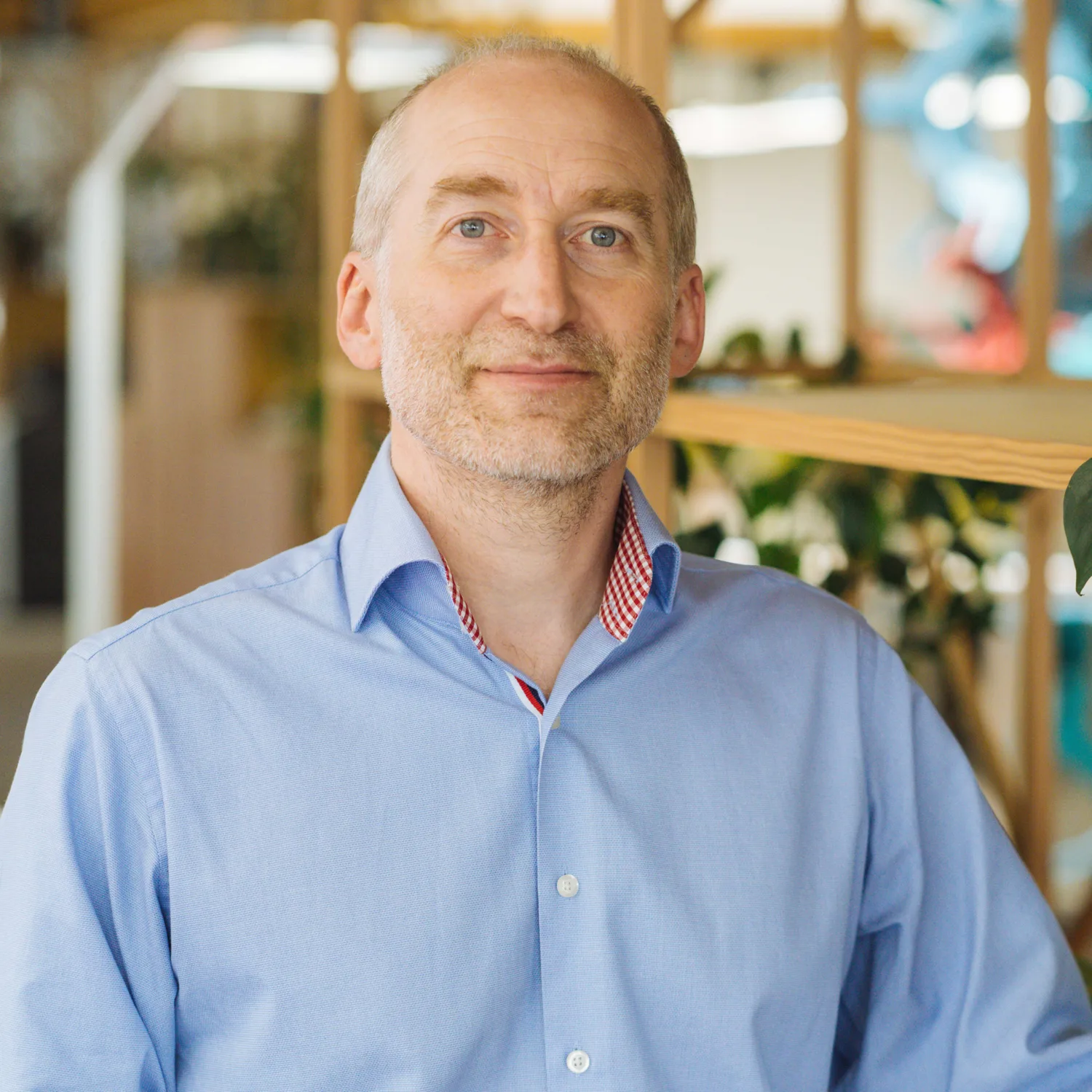 Tim Stidwill in blue shirt with wooden shelfing background with plants