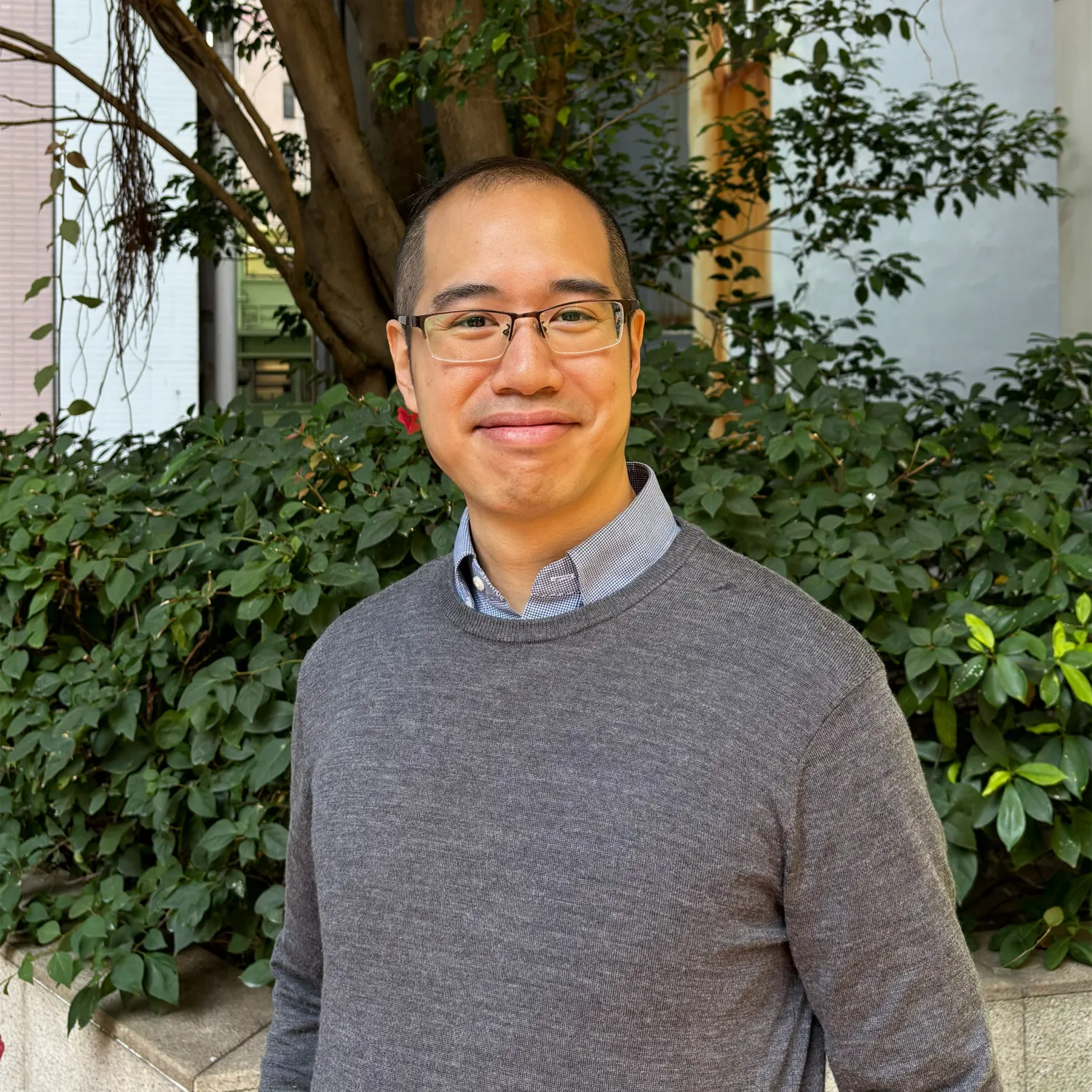Person standing outdoors in front of dense green shrubs and a tree, wearing a grey textured sweater over a collared shirt. A low stone planter and a light-coloured building are visible in the background.