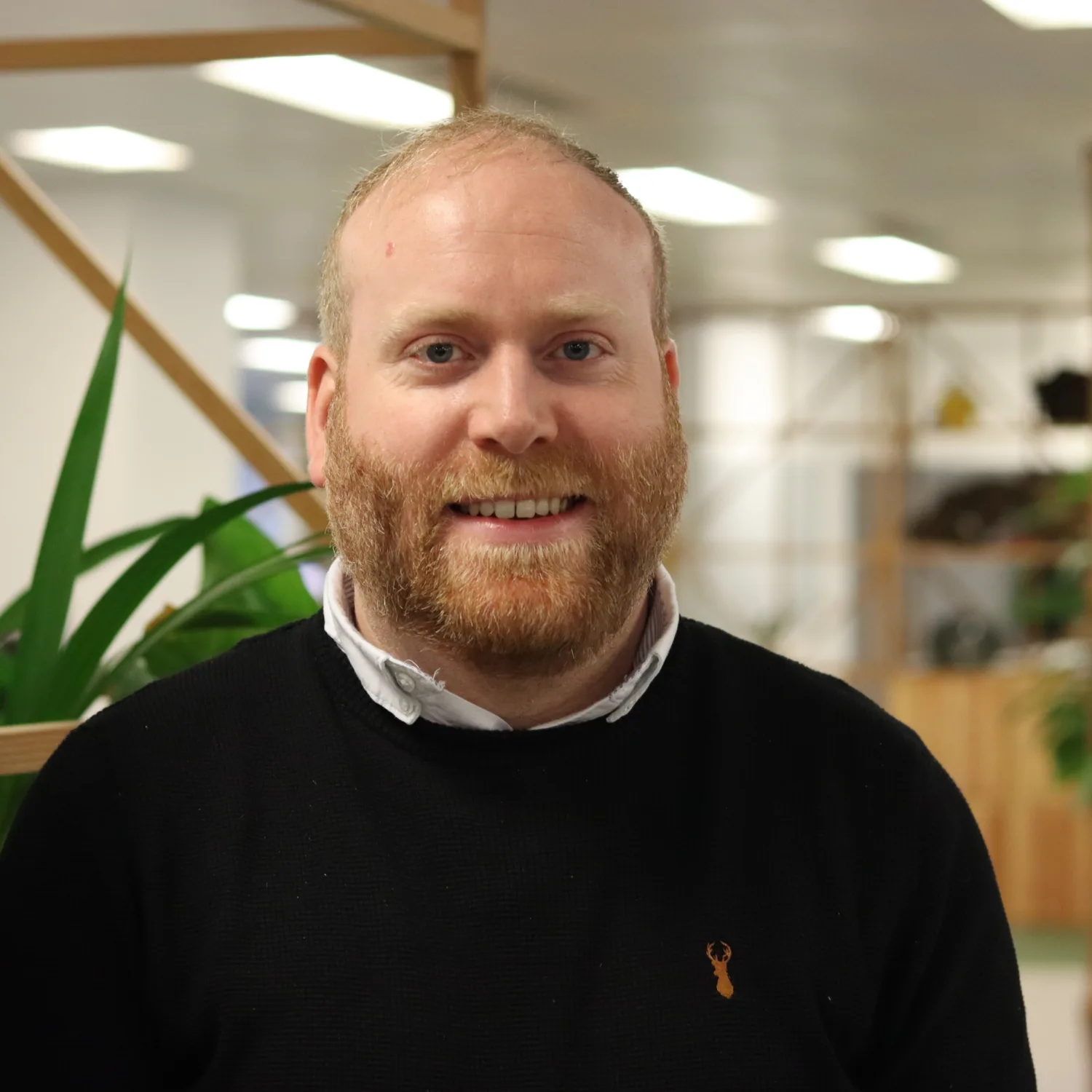 Jack Smith in a navy jumper in the office with wooden storage and plants behind