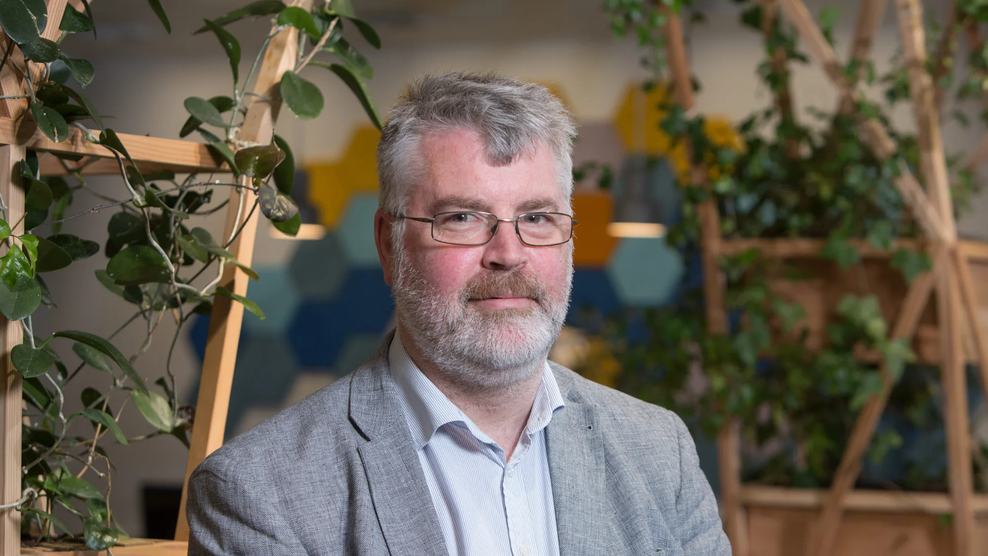 Head and shoulders image of Peter Owens in an office stood in front of shelves covered with green plants wearing a grey suit jacket and a plain blue shirt