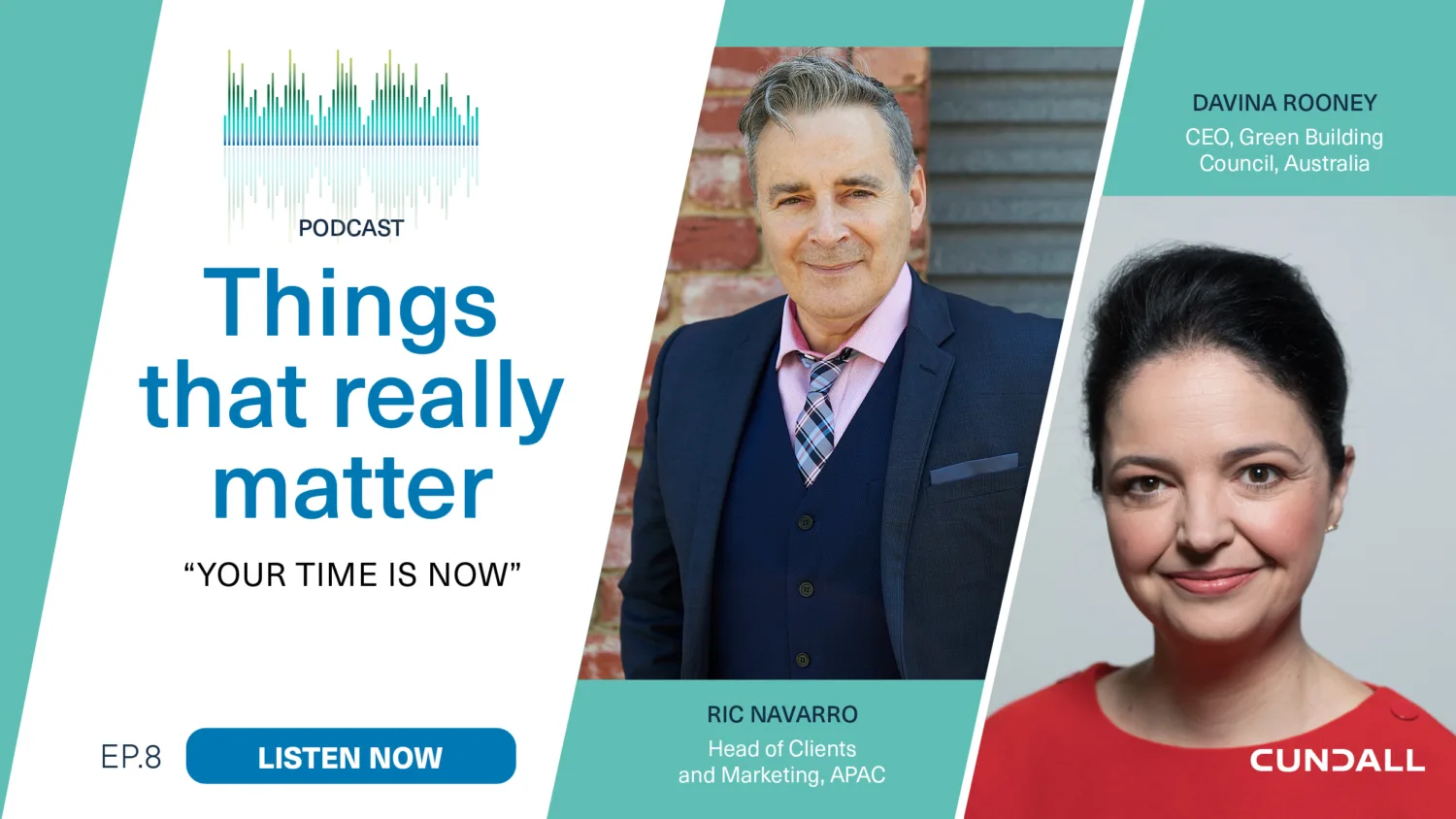 Split graphic of the podcast title and a head shot of Ric Navarro and Davina Rooney