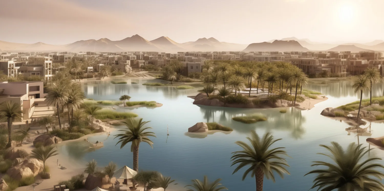 AI generated image of a waterfront development with low rise buildings and trees.