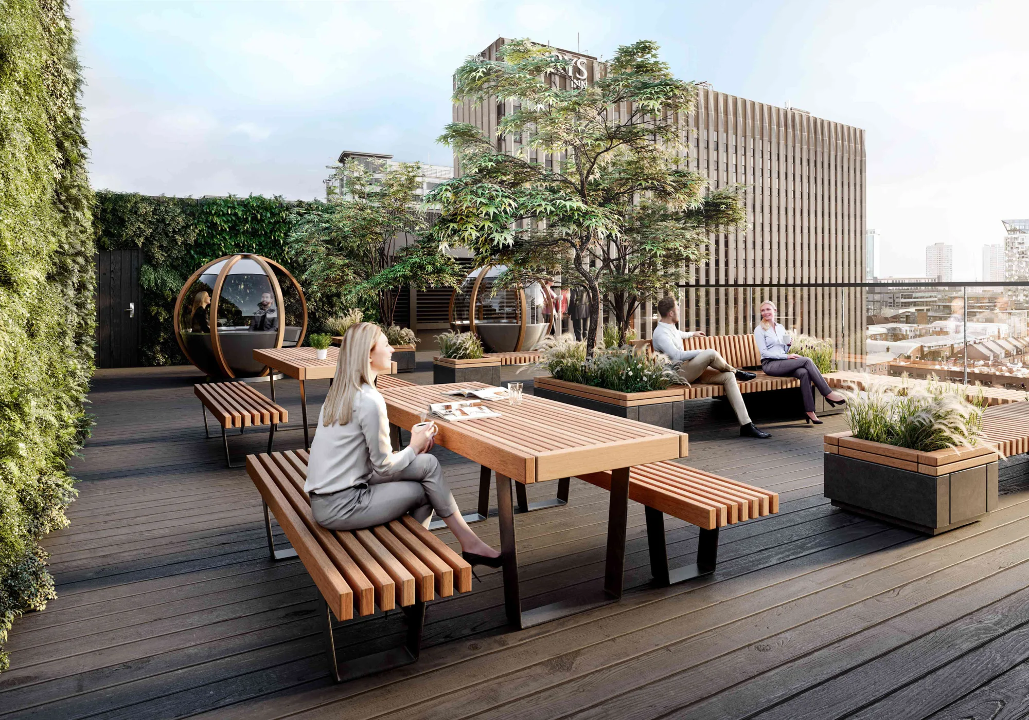 Roof terrace, with picnic tables, communal benches and seating pods.