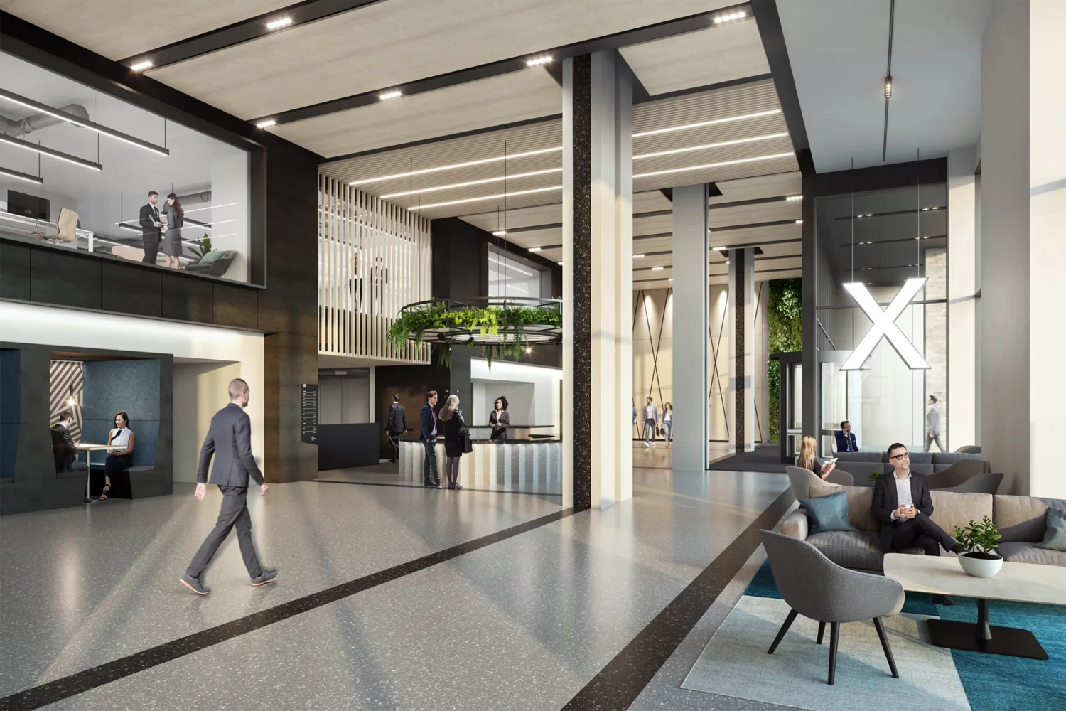 Bright, modern and open-space reception with a grey and white interior.