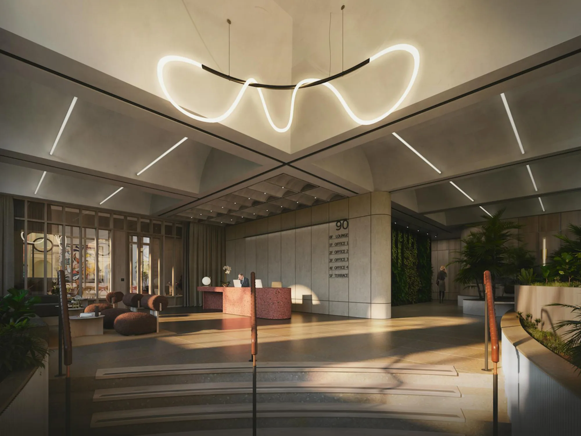 CGI render of reception of 78-90 Colmore Row, with abstract low hanging light feature from the ceiling