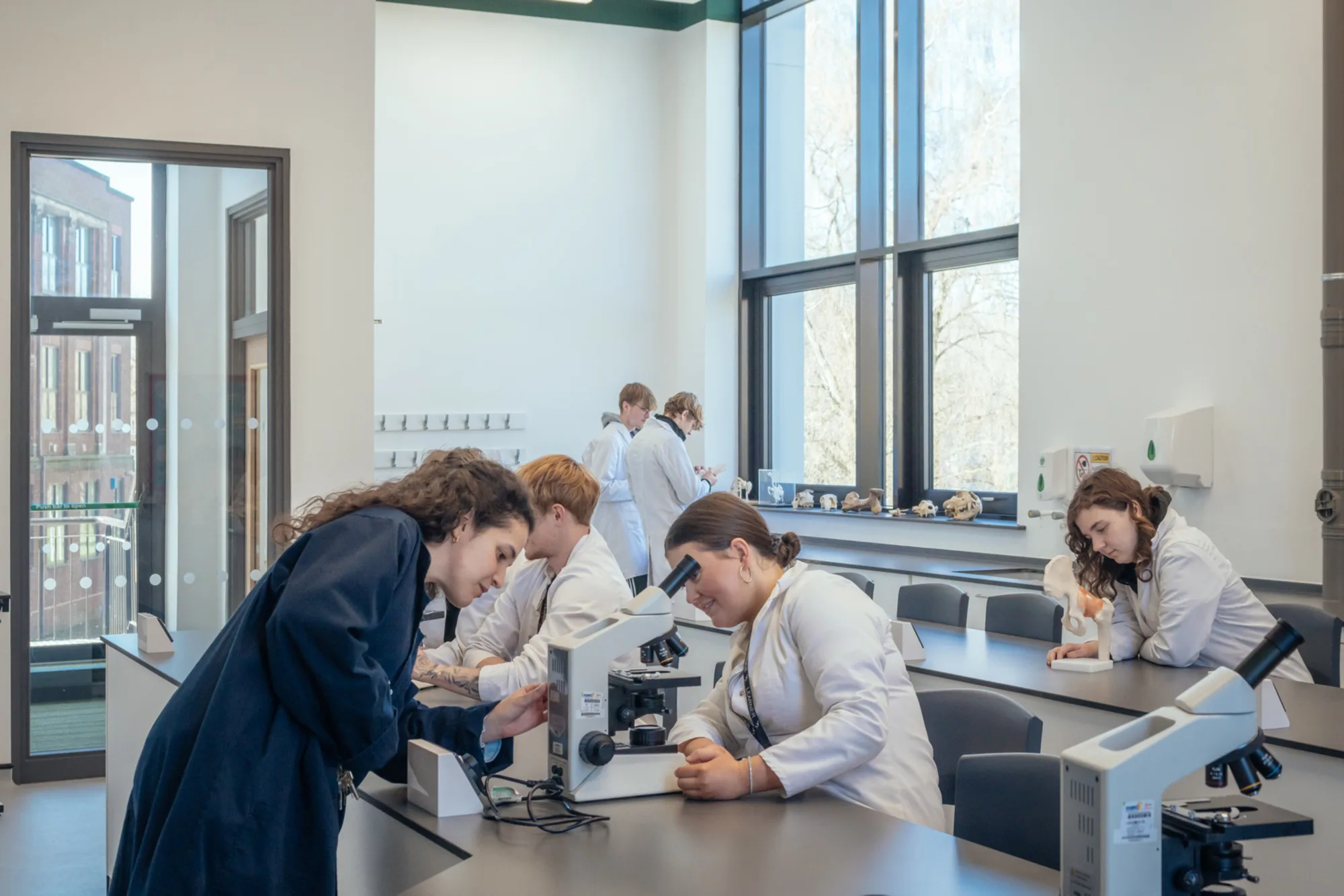 A lab within the Animal Studies Centre with students and a teacher using microscopes.