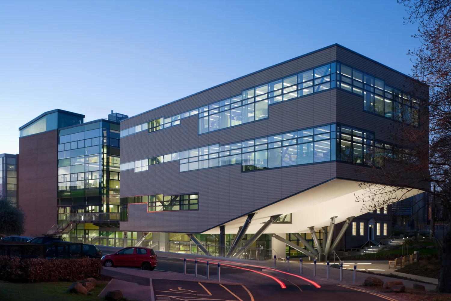 Exterior of the building in evening light