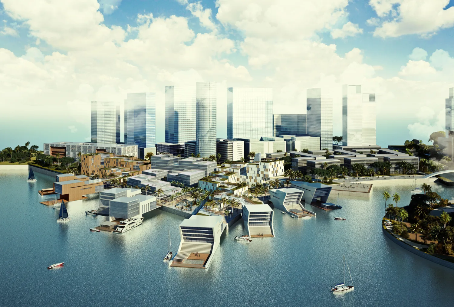 Computer generated image of Bahrain Bay with buildings, docks and yachts