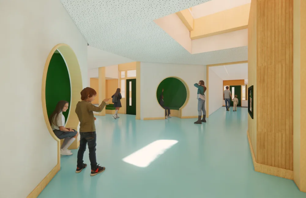 Bright hallway with children walking through it.