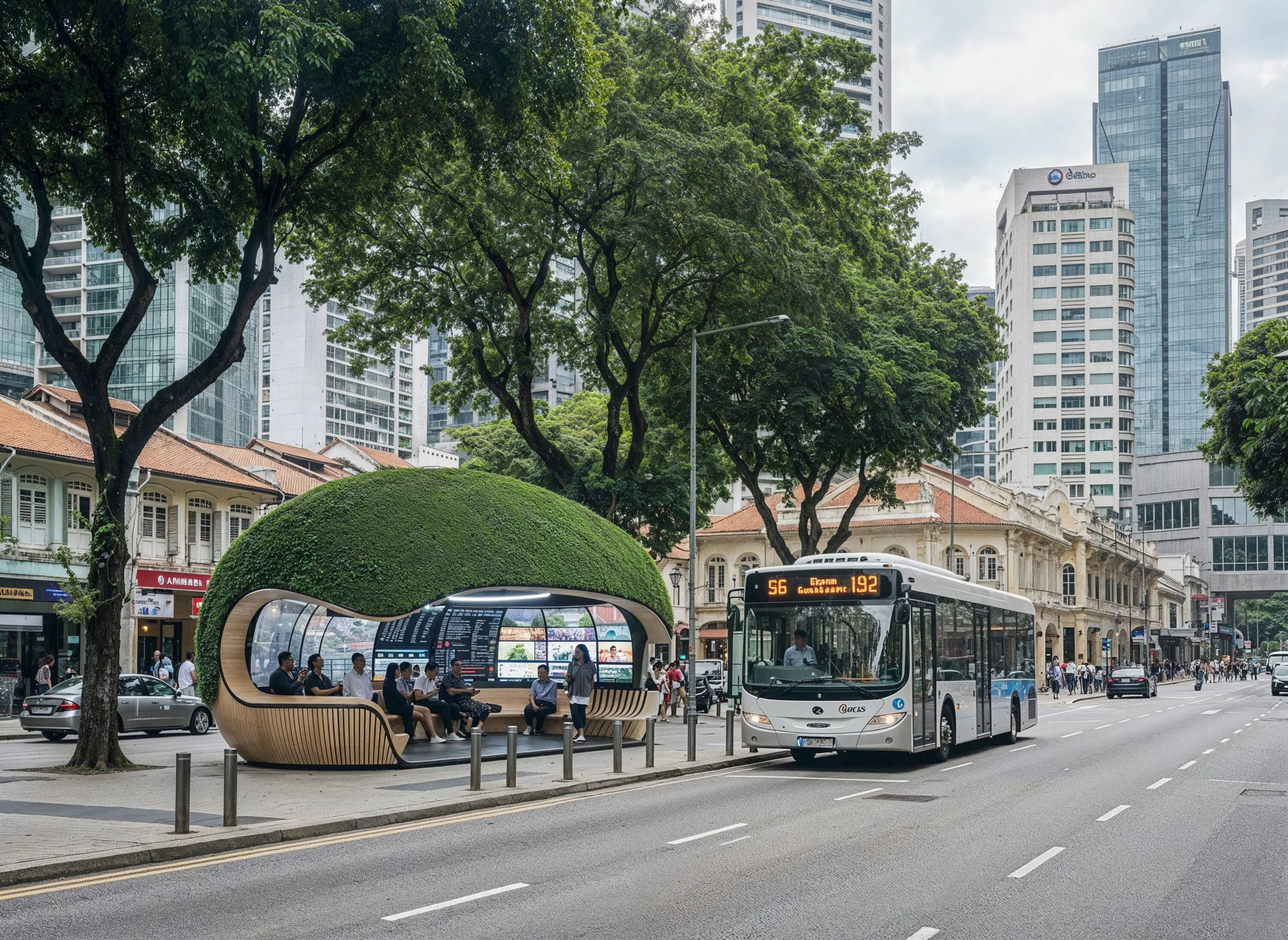 A white city bus approaches a modern bus stop with a dome-shaped, vegetation-covered roof and wooden seating. Several people are seated. Tall buildings and trees line the street.