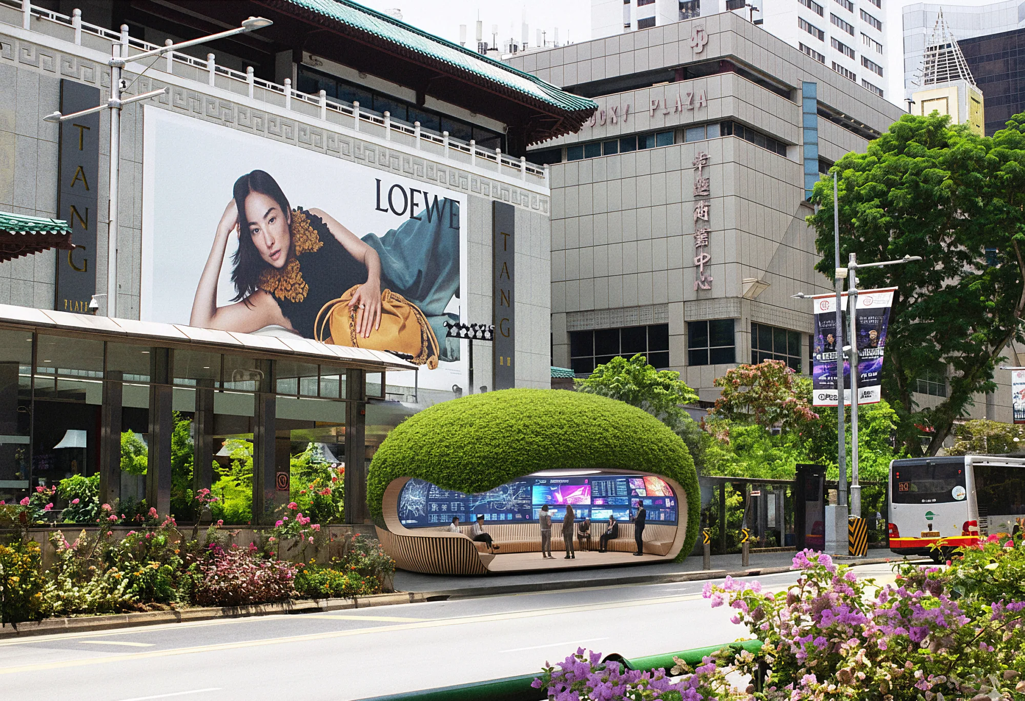 A modern urban bus stop with a grass-covered roof and digital screens stands beside a street. In the background, a large building displays a large billboard featuring a person holding a bag.