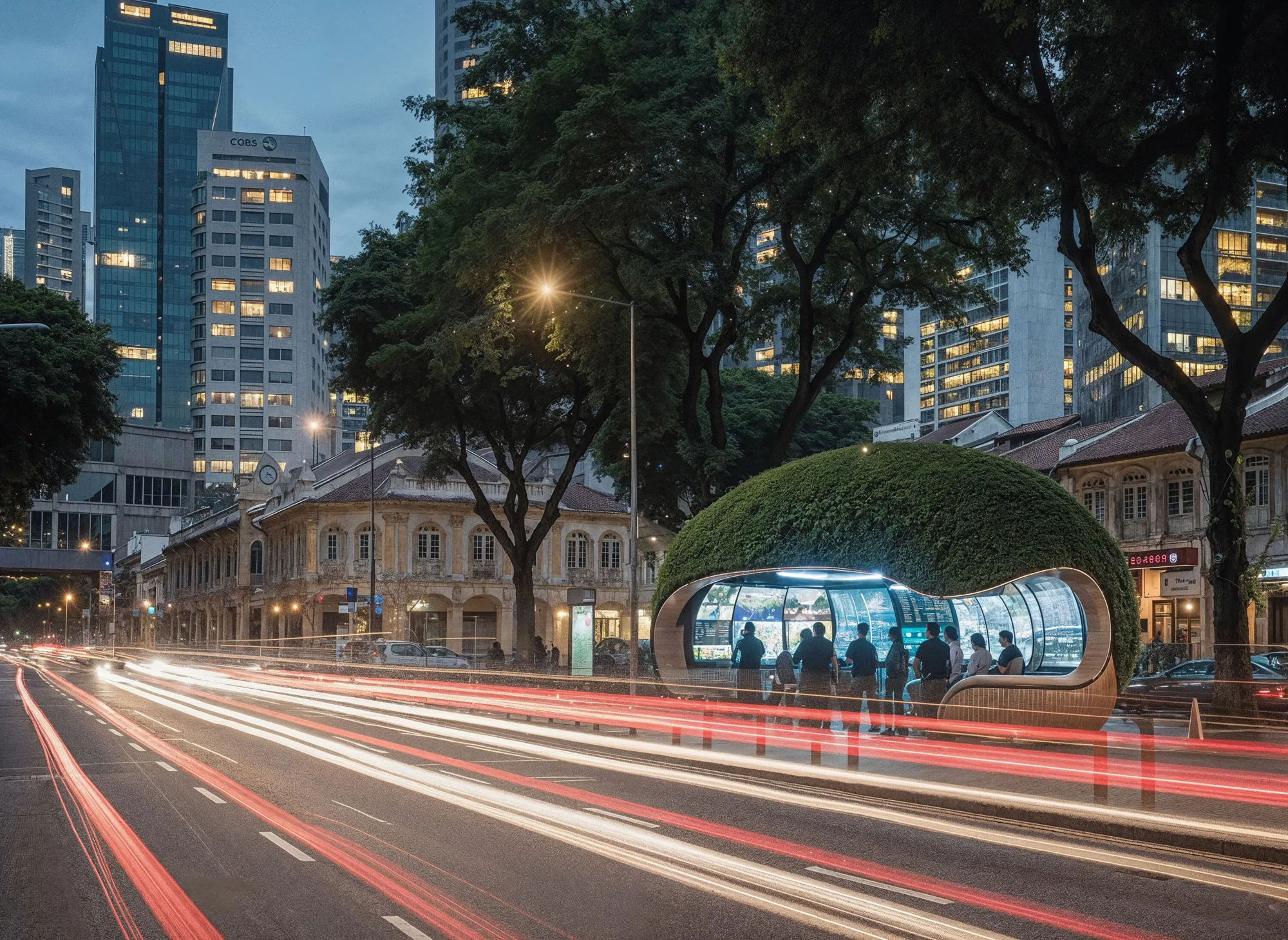 A city street at dusk with light trails from vehicles. A modern bus stop with a dome-shaped, vegetation-covered roof is on the right. Several people are inside. Tall buildings and trees line the street.