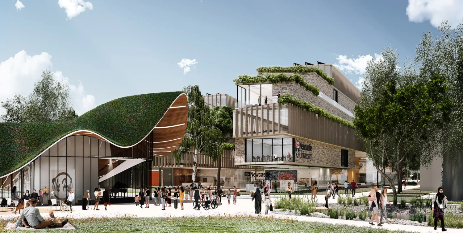 CGI showing multiple campus buildings with green roofs with people enjoying the outdoor space