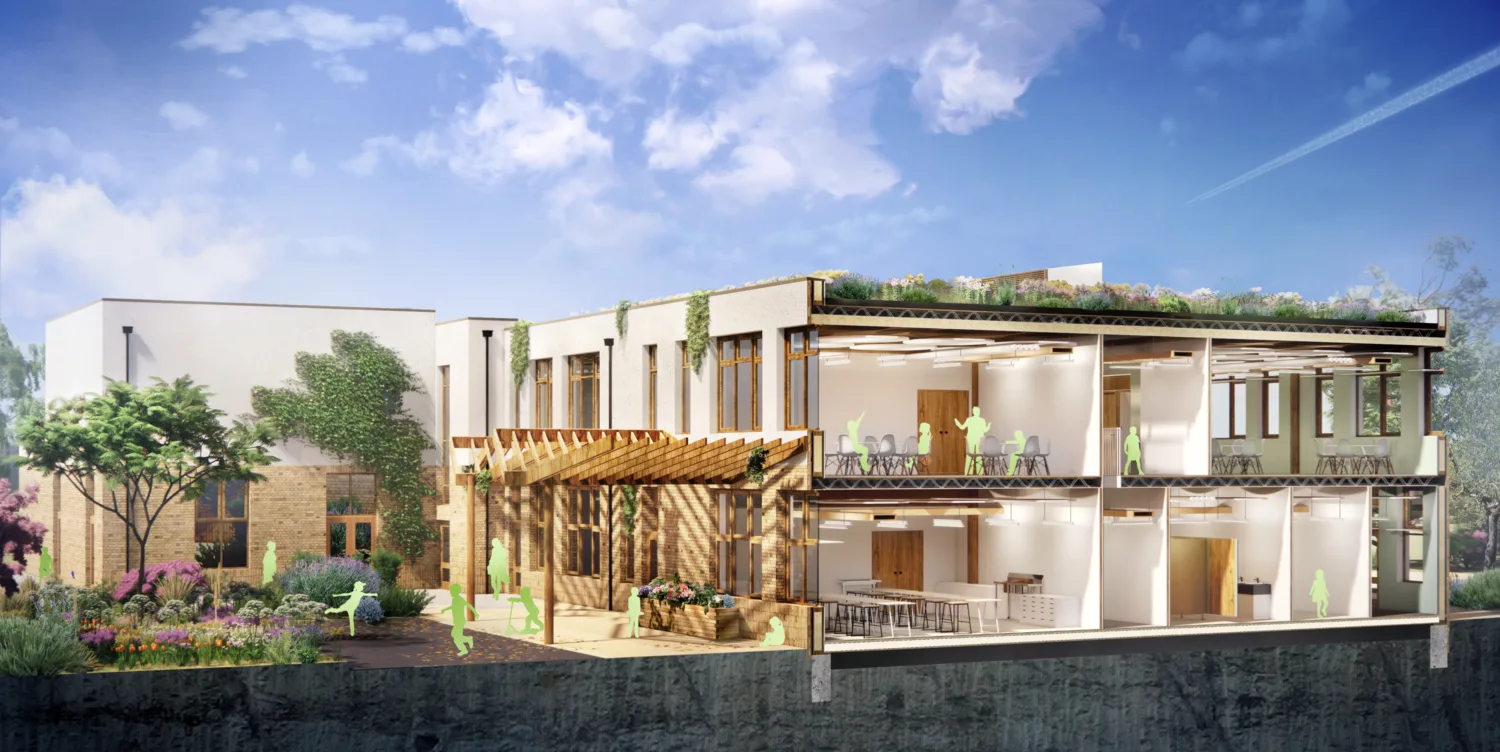Rendered proposal for the building, a section view to show interior and exterior designs against a blue sky
