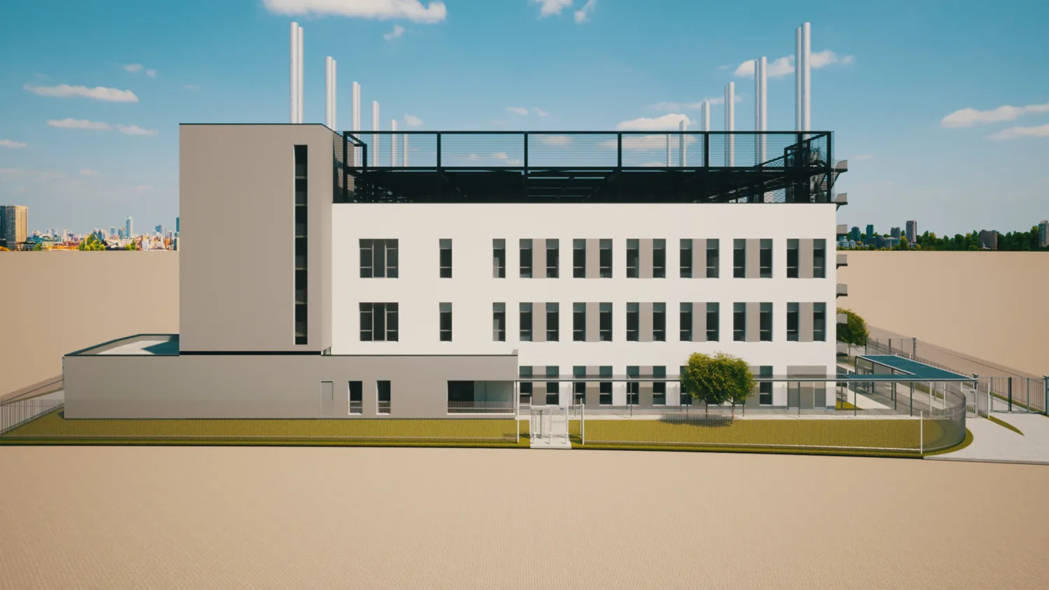 CGI showing front facade of building against blue sky and sandy forground