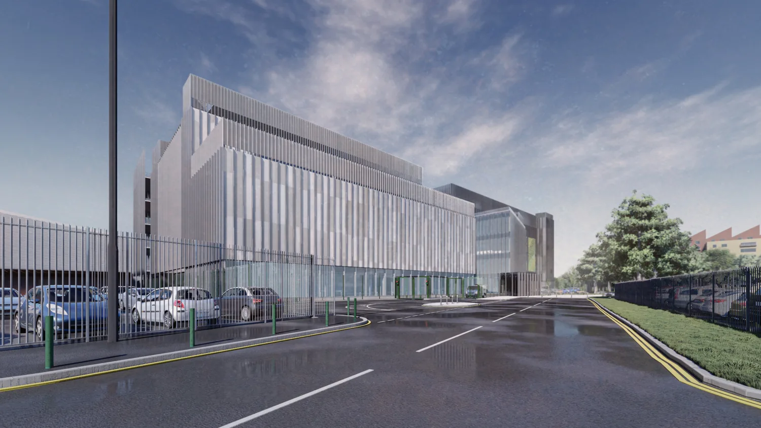CGI render of front of building showing road and carpark