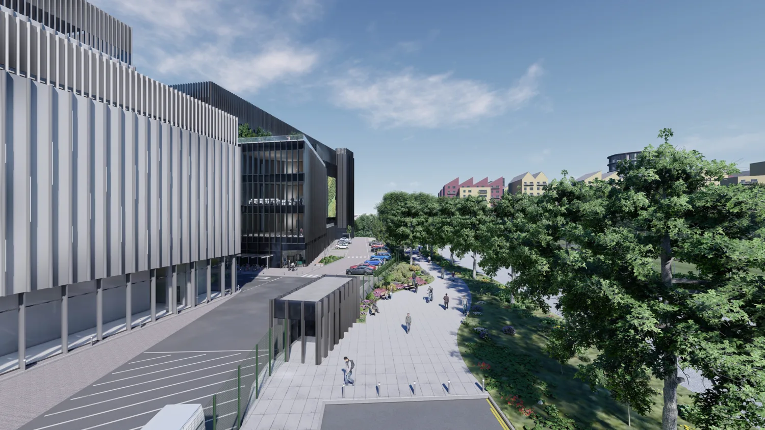 CGI of pedestrian courtyard area of  building, trees in forground people walking around