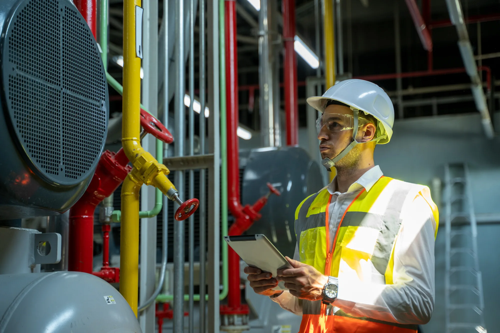 Person in a high visibility jacket and hard hat with a clipboard inspecting colourful pipes
